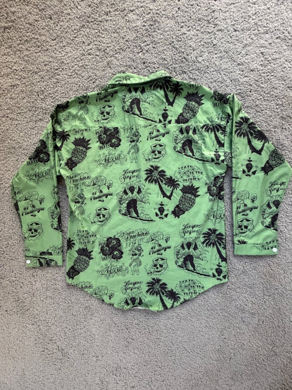 RFAUSNTIY Green Tattoo Print Lucifer Surfing Hawaiian Shirt Sz M 3/4 Sleeve -EUC - Picture 7 of 11